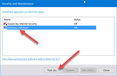 Security and Maintenannce window that show both windows defender and kaspersky turned off