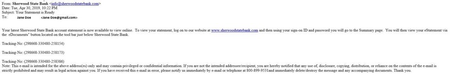 eStatement Email example from Sherwood state bank