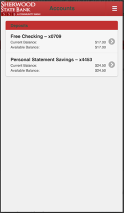 android mobile app, checking accounts screen