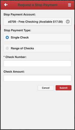 Android App, request a stop payment screen