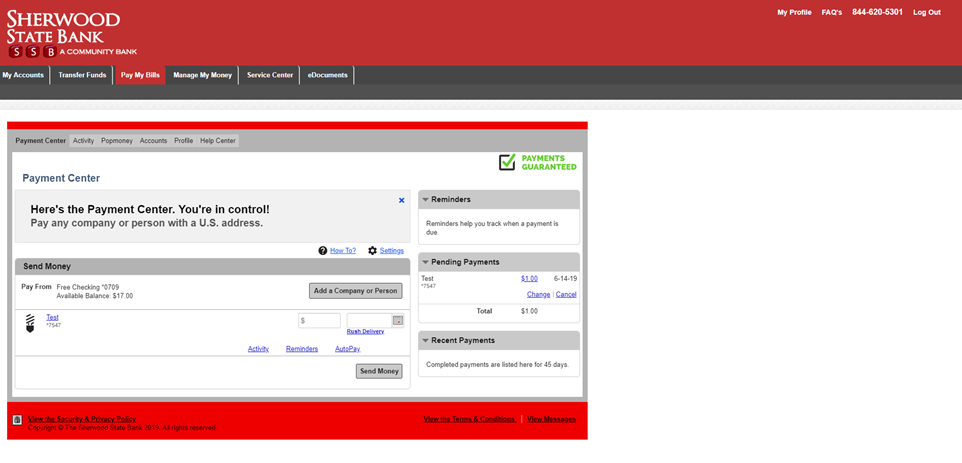 Bill Pay screenshot of the payment center